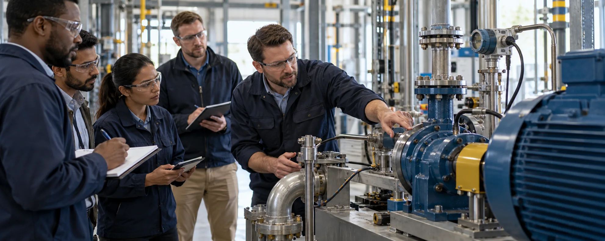 Engineers taking part in practical training around an industrial pump